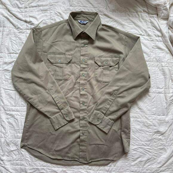 Vintage 90s khaki military button up shirt distressed LION sz XL grunge minimal - Picture 1 of 8
